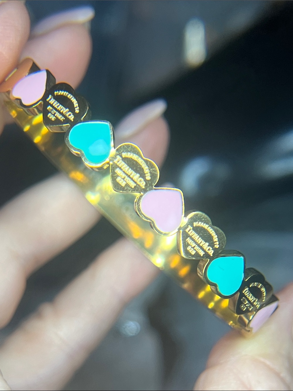 Gold Heart Bracelet with Pink and Turquoise Hearts - Picture 5 of 8